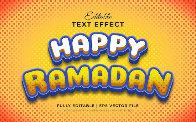 Vettore felice ramadan effetto testo modificabile 3d con tema cartone animato pop art