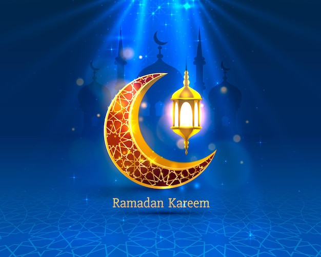 Vector happy ramadan kareem greeting card with crescent moon and lamp