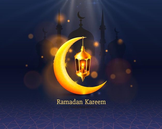 happy ramadan kareem greeting card with crescent moon and lamp