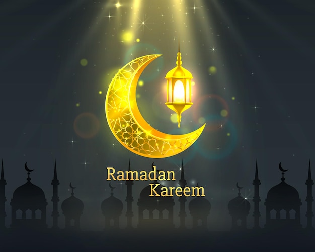 happy ramadan kareem greeting card with crescent moon and lamps