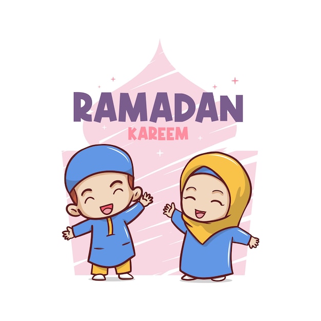 Vettore cartolina d'auguri felice di ramadan kareem con due bambini musulmani