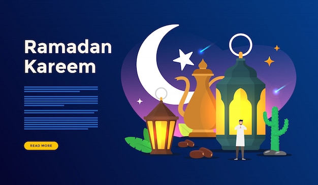 Vettore concetto felice di saluto del ramadan kareem con il carattere della gente per il modello della pagina di atterraggio di web