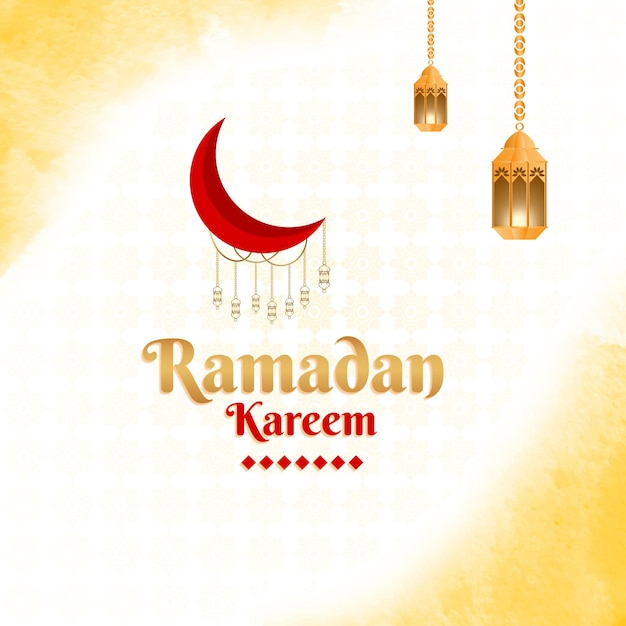 Felice ramadan kareem acquerello bianco e giallo sfondo social media islamico post design