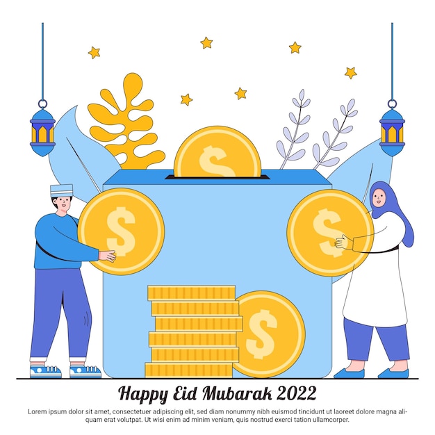 Felici concetti di donazione di beneficenza ramadan mubarak con stella lanterna e personaggi musulmani che tengono monete illustrazioni islamiche eid fitr per banner modello pagina di destinazione web promozione annuncio sociale