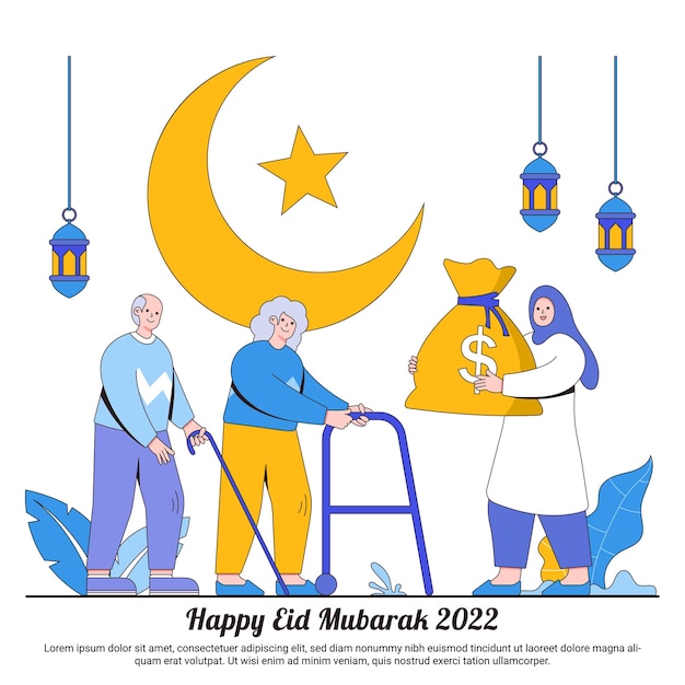 ベクトル ハッピーラマダンムバラクチャリティー寄付の概念と月のランタンとイスラム教徒のキャラクターが老人にお金の袋を与えるウェブランディングページテンプレート広告プロモーションのためのイスラムのイードフィトルのイラスト