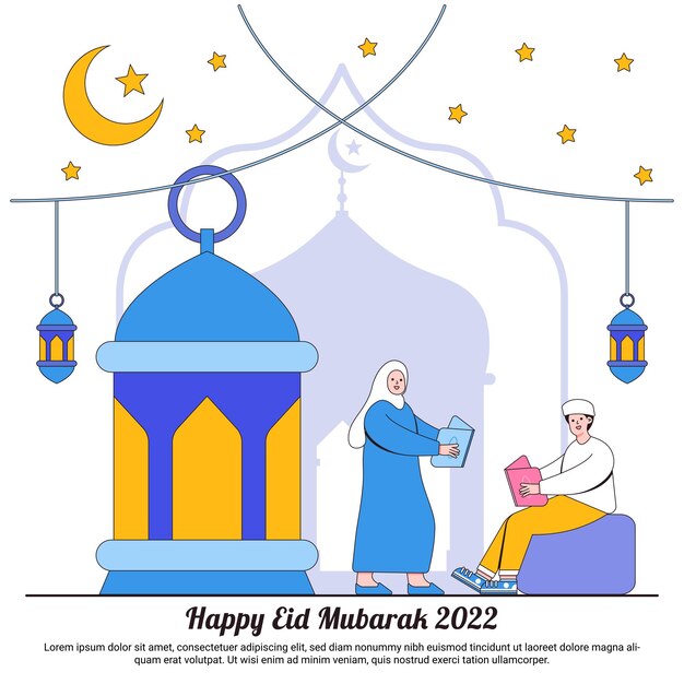 Felici concetti di saluto di ramadan mubarak con lanterna luna stella e personaggi musulmani che leggono e imparano il libro sacro islamico del corano illustrazioni islamiche di eid fitr per la pagina di destinazione web