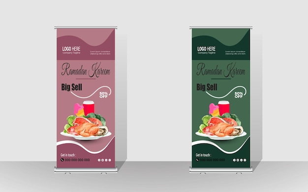 Happy ramadan sell offer roll up banner design or ramadan special food design banner