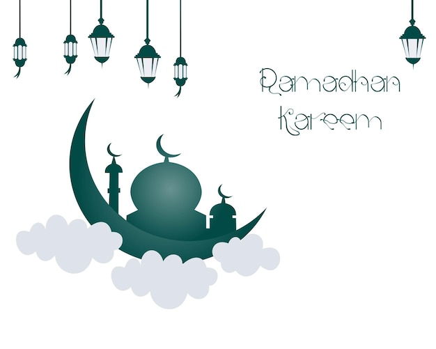 happy ramadhan greeting card decorated with lantern crescent moon and empty space