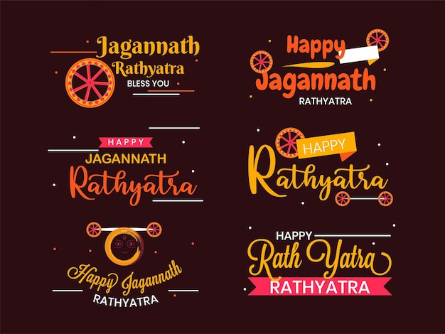 Happy Rath Yatra creative Typography emblem and badges set for Indian festival celebration on Dark Background vector Illustration