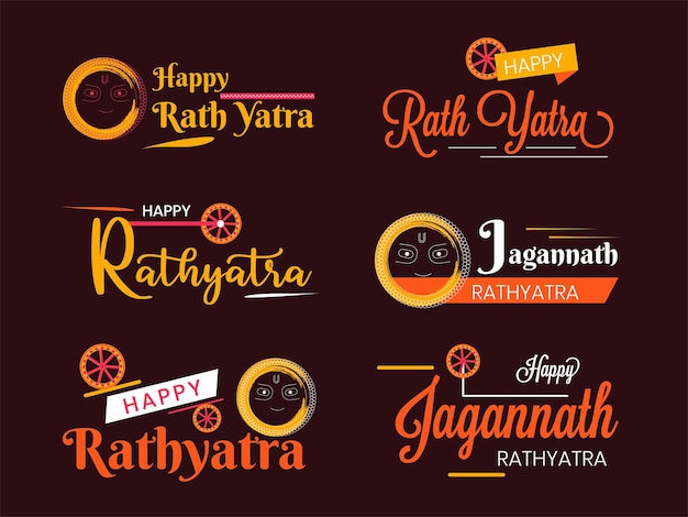 Vector happy rath yatra creative typography emblem and badges set for indian festival celebration