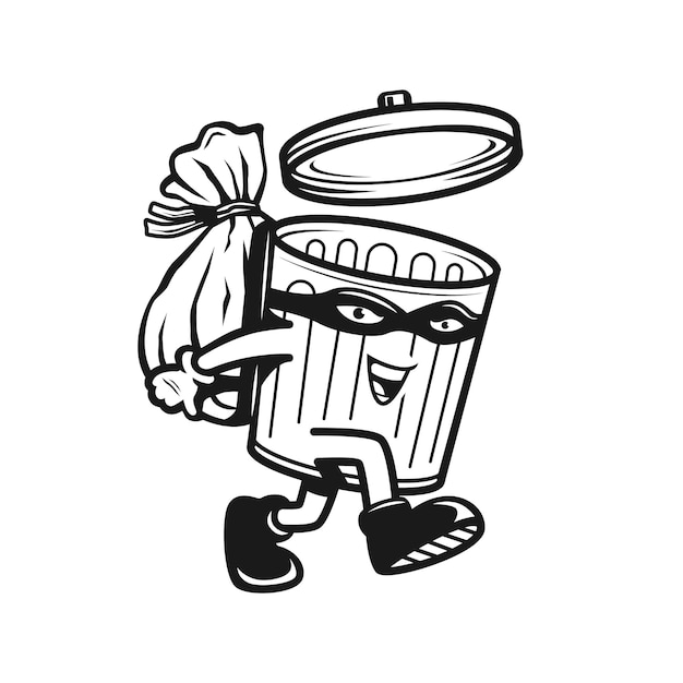 Vector happy recycle bin cartoon character black and white holding garbage