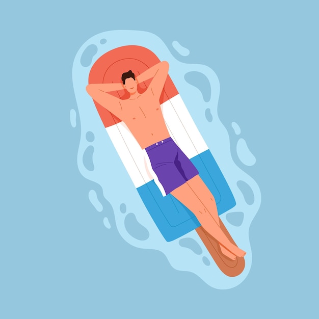 ベクトル 膨脹可能なマットレスの上に横たわる、プールの水に浮かぶ幸せなリラックスした男。夏休みにラバーアイスクリームで日光浴を楽しむ人。みんなの体の水泳と休息の平面図です。フラットのベクター イラストです。