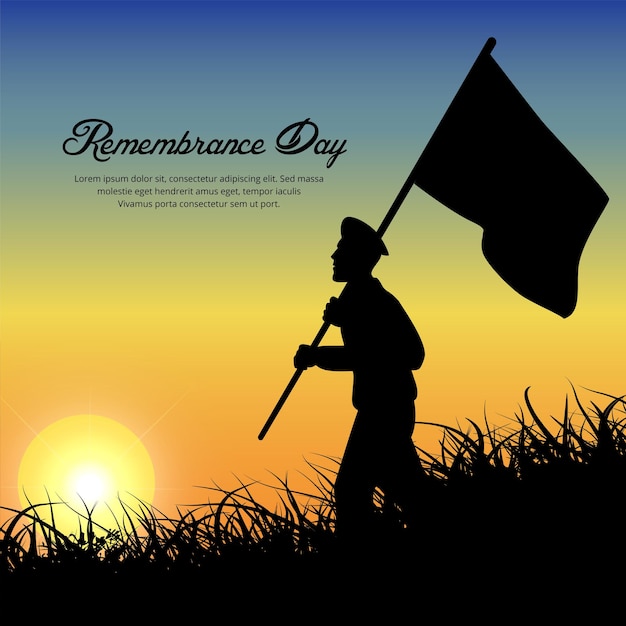 Happy remembrance day design with soldier silhouette and sunset background vector