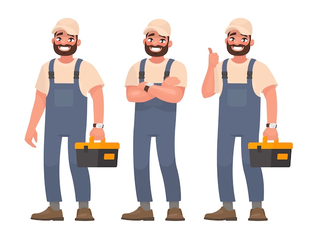 Happy repairman or mechanic with toolbox. set of different poses.