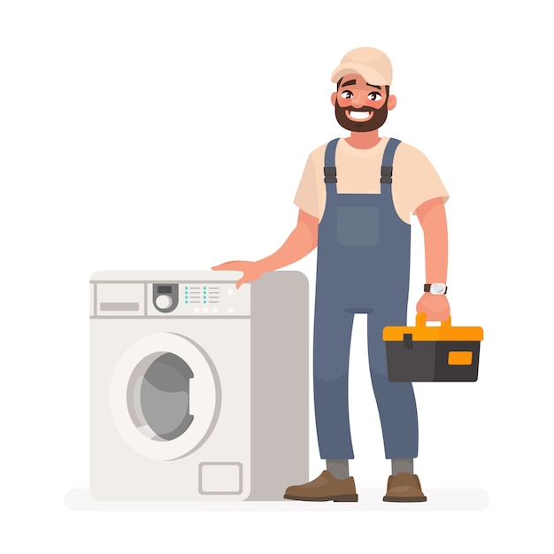 Vector happy repairman and washing machine