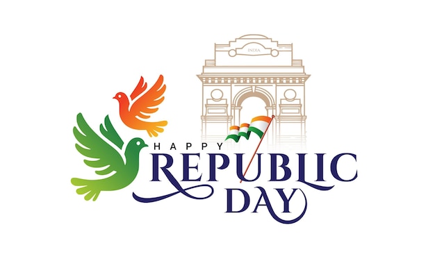 Happy republic day card with red fort and wavy Indian flag