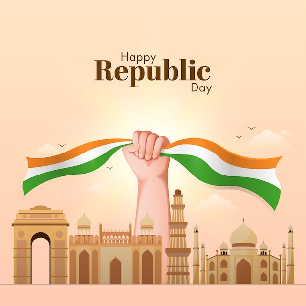 Happy Republic Day Concept met hand met driekleurig lint en beroemde monumenten van India