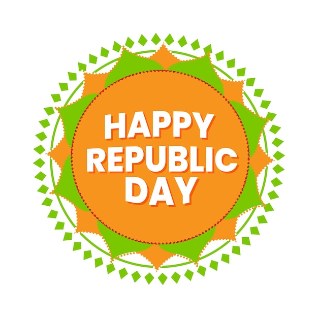 Happy Republic Day Font Over Saffron And Green Mandala Pattern On White Background.