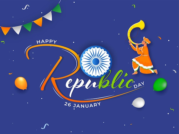 Happy republic day font with ashoka wheel and man blowing tutari horn for 26th january