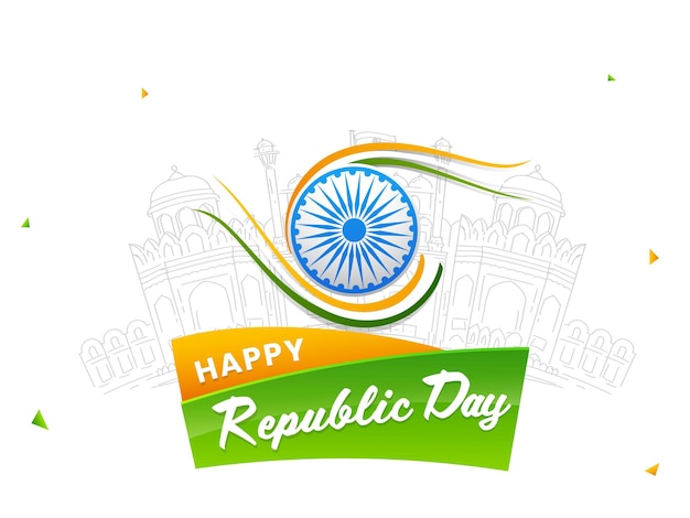 Happy republic day font with ashoka wheel and sketching red fort monument on white background.