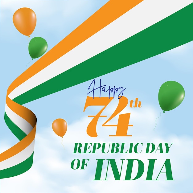 happy republic day of india. indian flag flying in sky with tri color balloons