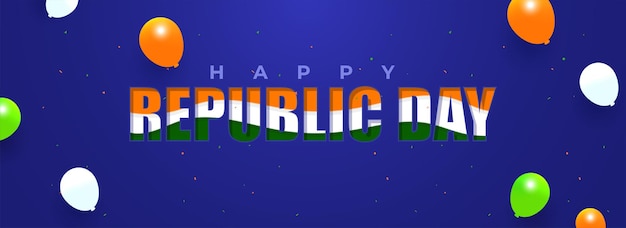 Happy republic day lettertype in india vlag kleur op blauwe achtergrond versierd met glanzende ballonnen.