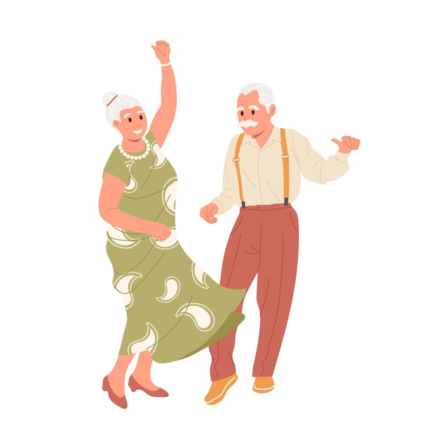 Vector happy retired people character senior pensioners dancing together having dating loving relations