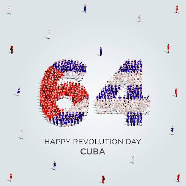 Happy Revolution Day Cuba Design. A large group of people form to create the number 64.