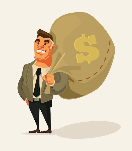 Happy rich businessman character hold big money bag flat cartoon illustration