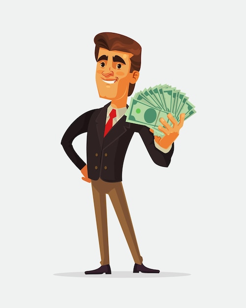幸せな金持ちの実業家のキャラクターはお金のファンを保持します