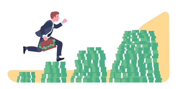 Happy rich man successful businessman runs up ladder with suitcase full of money dollar banknotes stacks economy infographic entrepreneur in suit with briefcase vector concept