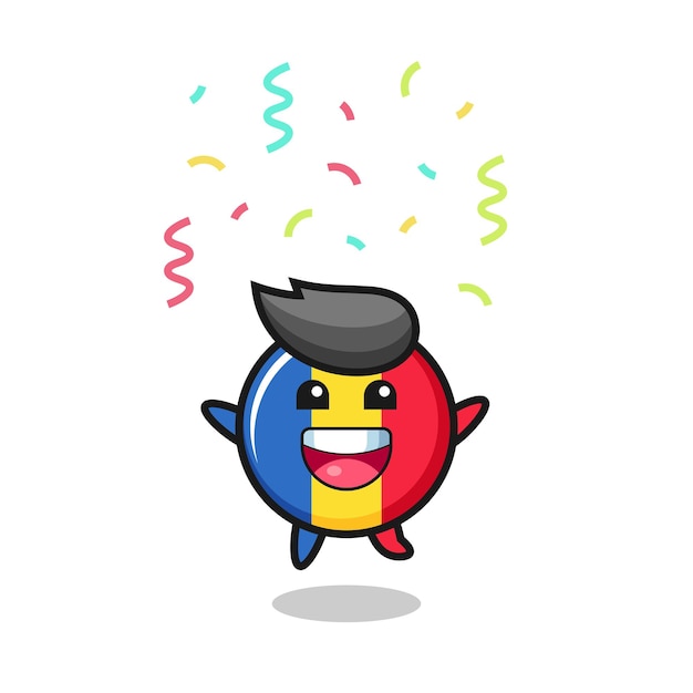 Happy romania flag badge mascot jumping for congratulation with colour confetti