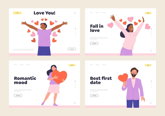 Happy romantic people character beloved cartoon man woman landing page design template isolated set Website vector illustration for dating service online acquaintance platform relations building