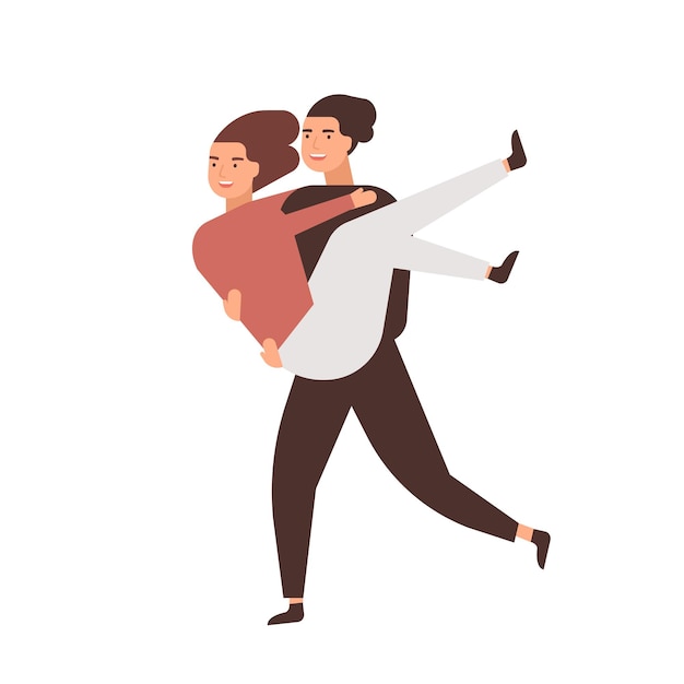 Happy romantic relationship flat vector illustration. Cheerful sweethearts, married couple having fun. Cartoon boyfriend carrying girlfriend in arms cartoon characters. Carefree teens love affair.