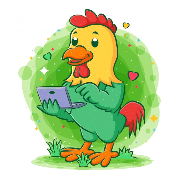 Vector happy rooster excited holding laptop