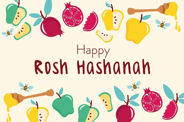 Vector happy rosh hashanah celebration with fruits frame