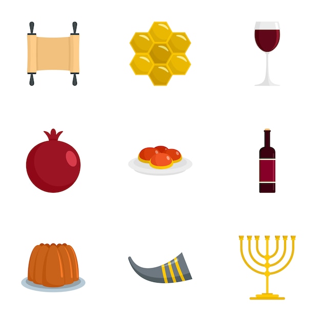 Vettore felice rosh hashanah set di icone. set piatto di 9 icone di hashanah rosh felice