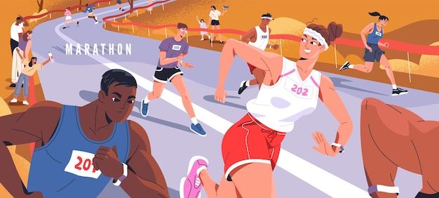 Happy runners challenge jogging marathon sprint in autumn Joggers are rushing on road to success win in competition Diverse athletes are running in sport race in fall Flat vector illustration