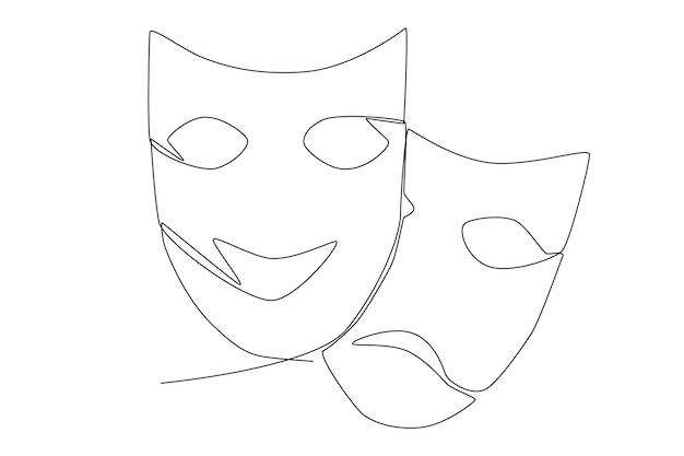 Happy and sad masks for Mardi Grass festival one line art