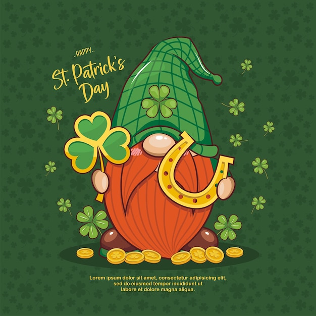 Happy Saint Patrick's Day With Cute Gnome, Shamrock, Gold Coin, And Horseshoe