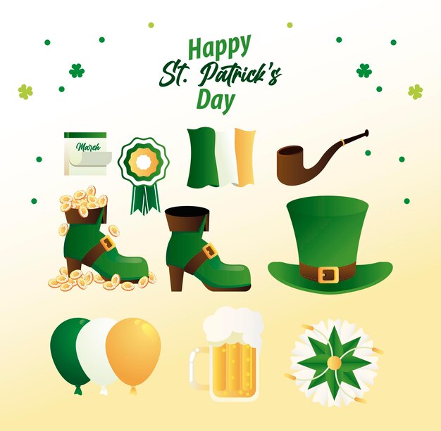 Happy saint patricks day belettering met bundel set pictogrammen illustratie