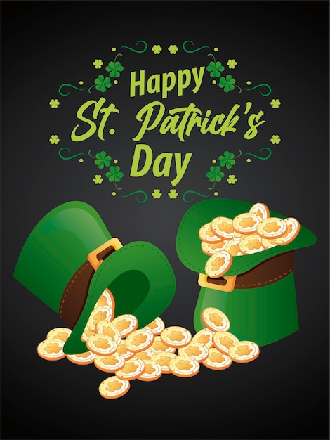 Happy saint patricks day belettering met schat in elf tophats en klaverblaadjes illustratie