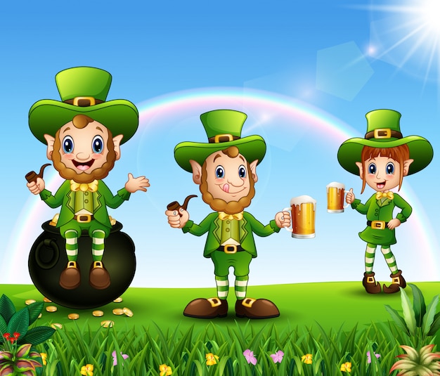 Vettore celebrazione del giorno di san patrizio felice con il gruppo di leprechaun