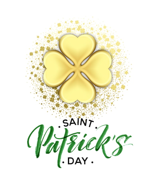 Happy saint patricks day greeting poster with lettering text and golden glitter clover leaves.  illustration