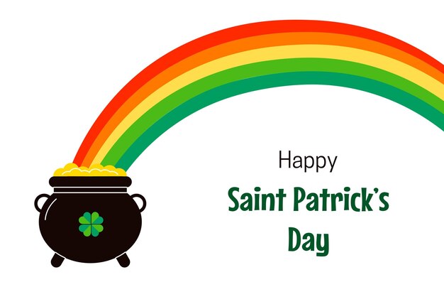 Happy saint patricks day holiday background irish pot of gold and rainbow flat vector illustration