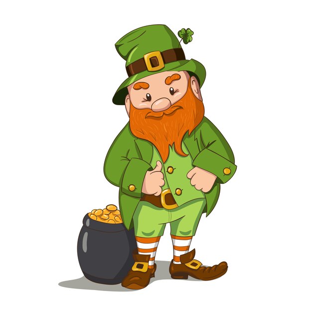 Happy Saint Patricks day illustration. Hand drawn Leprechaun cgaracter with green clover leaf.  illustration.