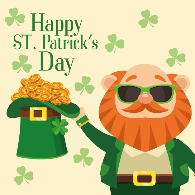 Happy saint patricks day lettering poster with leprechaun lifting hat and treasure  illustration