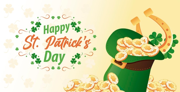 Happy saint patricks day lettering with coins and horseshoe in elf tophat  illustration