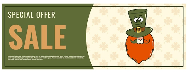 Vettore happy saint patrick's day retro coupon promozione sconto banner buono regalo personaggi di cartoni animati funky groovy vintage mascotte divertenti patch sorriso e emozione psichedelica illustrazione vettoriale comica di tendenza