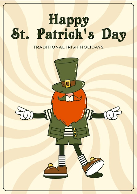 Vettore happy saint patrick's day retro biglietto di auguri funky groovy personaggio dei cartoni animati leprechaun gnome in cappello vintage divertente mascotte patch sorriso e emozione psichedelica illustrazione vettoriale di tendenza a fumetti